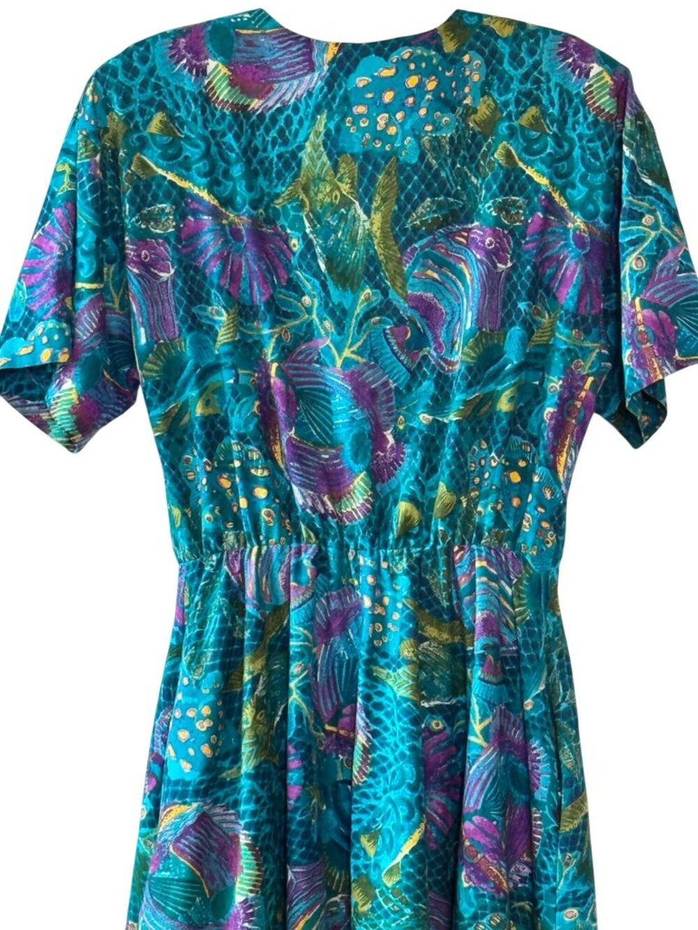 Vintage 80s Melissa Teal Abstract Tropical Print Midi Dress Pockets - Large - Picture 7 of 10